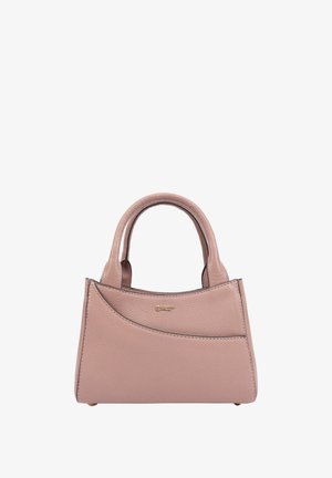 Klein lichtroze handtasje met gebogen pocketdetail, dubbele handgrepen en een klein goudkleurig logo aan de voorkant.