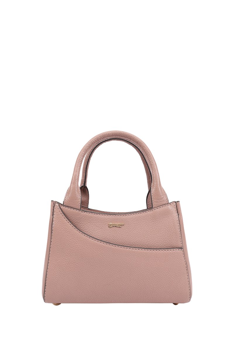 Klein lichtroze handtasje met gebogen pocketdetail, dubbele handgrepen en een klein goudkleurig logo aan de voorkant.