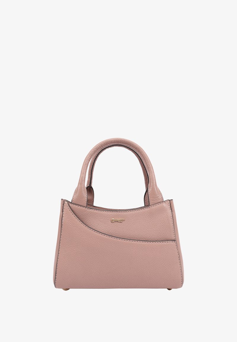 Klein lichtroze handtasje met gebogen pocketdetail, dubbele handgrepen en een klein goudkleurig logo aan de voorkant.