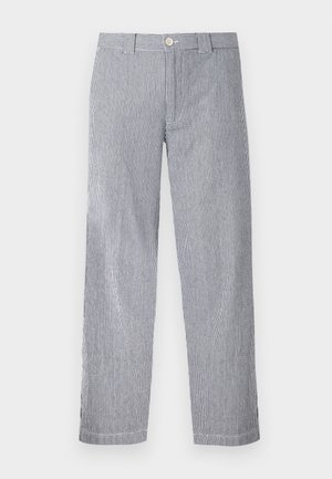 Striped pants featuring a navy and white color scheme, made from lightweight fabric with a straight-leg cut and a front button closure.