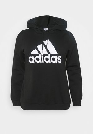 Sort Adidas-hættetrøje med hvidt logo og snøre i hætten, med lange ærmer og ribkanter ved ærmer og kant.