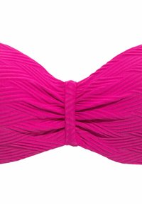 Fuksijos spalvos bikini viršus su tekstūruota, raukšlėta medžiaga, turintis centrą rišimo detalę ir be petnešėlių dizainą.