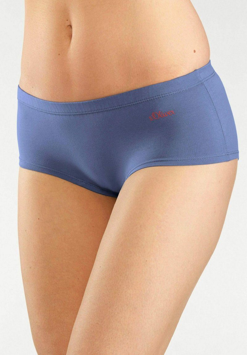Blaue Baumwoll-Hipster-Unterwäsche mit flachen Nähten und subtiler s.Oliver-Logo in Rot. Glatte Textur und rechteckige Form, ideal für Komfort.