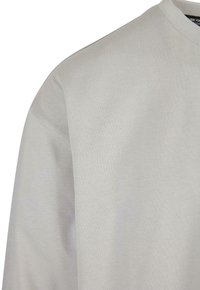 Lys grå sweatshirt med rund hals, ribbede mansjetter og et glatt, teksturert stoff. Minimalistisk design uten synlige mønstre eller detaljer.