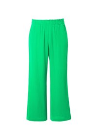 Pantalons larges verts en tissu léger texturé, dotés d'une taille élastique pour le confort et de deux poches latérales.