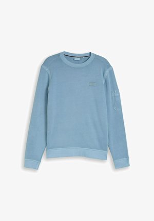 Lichtblauwe sweatshirt met lange mouwen en ronde hals, voorzien van een klein embleem op de borst en een nuttige zak op de bovenkant van de linkermouw.