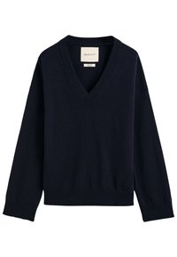Marineblauer V-Ausschnitt-Pullover aus weichem Material. Mit langen Ärmeln, gerippten Bündchen und Saum. GANT-Logoetikett am Halsausschnitt.