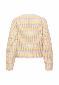 Pull en tricot couleur crème avec une coupe ample, comprenant des rayures horizontales roses et jaunes, et un motif texturé. Design court, manches longues.