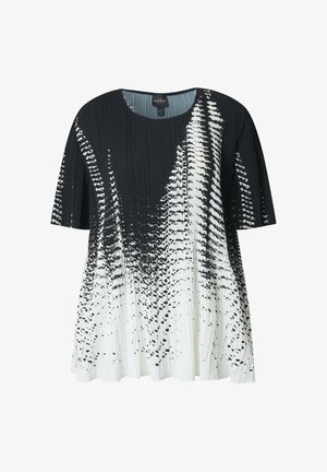 Sort-hvid plisseret kortærmet top med abstrakt gradientmønster, rund halsudskæring og løs pasform.