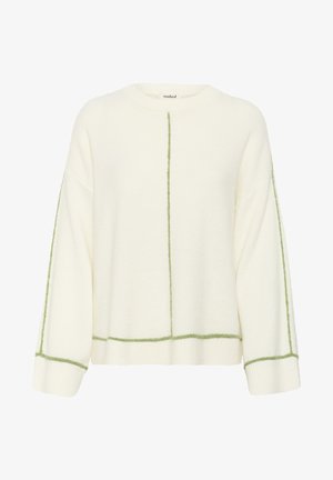 Balts adīts džemperis ar brīvu piegriezumu, kura šuvju un ribotajām piedurknēm ir gaiši zaļi akcenti. Mīksta tekstūra, apaļa kakla forma.