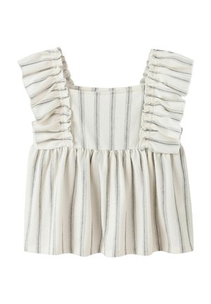 Witte babyjurk zonder mouwen met verticale zwarte strepen en geruite schouders, met een geplooide taille voor een losse pasvorm.