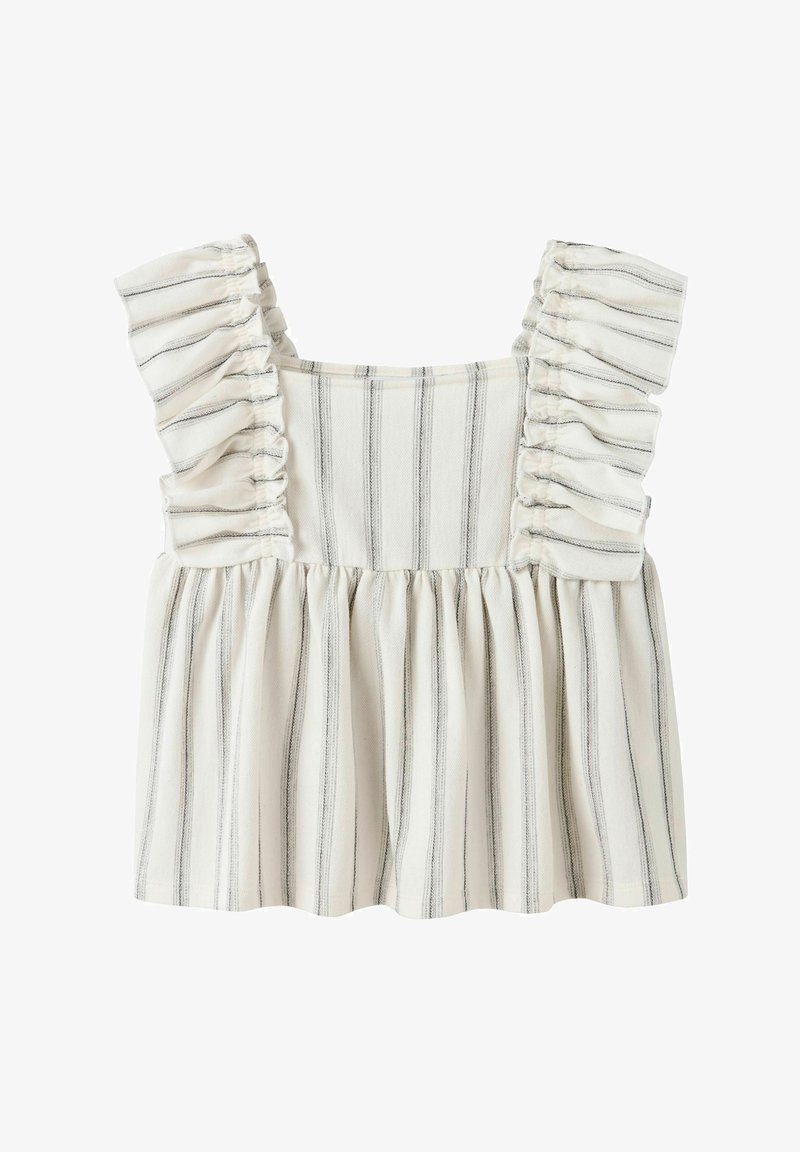 Witte babyjurk zonder mouwen met verticale zwarte strepen en geruite schouders, met een geplooide taille voor een losse pasvorm.