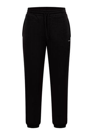 Czarne dresowe spodnie z elastycznym pasem, sznurkiem do regulacji, bocznymi kieszeniami i elastycznymi mankietami na białym tle.