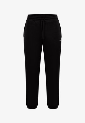 Pantaloni jogger neri con cintura elastica, cordino, tasche laterali e polsini elasticizzati su uno sfondo bianco.