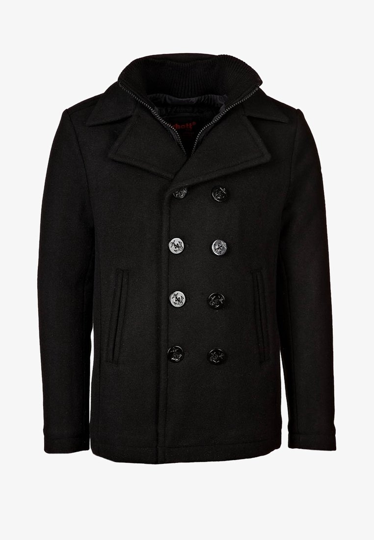Black wool peacoat with double-breasted button closure, notch lapels, ribbed collar, and side pockets. Smooth texture and tailored fit.