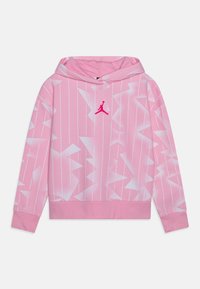 Felpa rosa con cappuccio caratterizzata da un motivo geometrico bianco, con tasca frontale e un logo Jumpman rosa ben visibile sul petto. Tessuto morbido, polsini a costine.