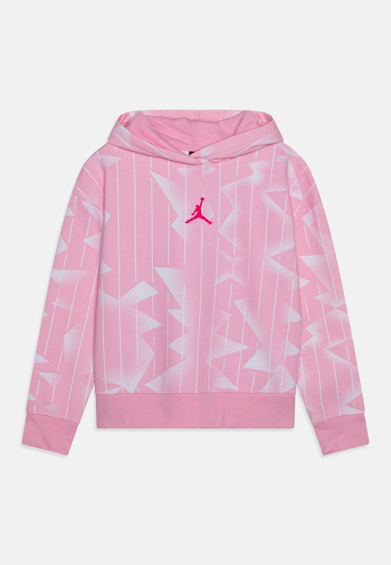 Felpa rosa con cappuccio caratterizzata da un motivo geometrico bianco, con tasca frontale e un logo Jumpman rosa ben visibile sul petto. Tessuto morbido, polsini a costine.