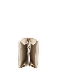 Beige zip-around wallet with multiple compartments, smooth texture, and gold-toned hardware. Interior features card slots and a zip pocket.