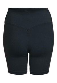 Shorts neri a vita alta realizzati in tessuto elastico. Presentano una forma aderente e una texture liscia con un dettaglio di cucitura sagomato sul retro.