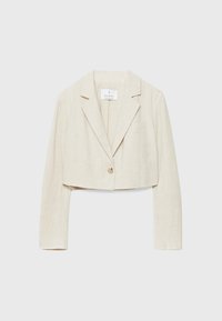 Blazer beige coupé avec un seul bouton, des revers crantés, des manches longues et un tissu en lin texturé.