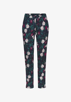 Kvetinové nohavice v tmavomodrom materiáli s bielymi a burgundskými kvetmi, zelenými listami a sťahovacím pásom s užším strihom.