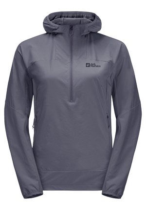 Szara kurtka z pół zamkiem i kapturem, wykonana z lekkiego materiału. Posiada frontalny zamek, elastyczne mankiety oraz boczne kieszenie. Wyeksponowane logo marki.