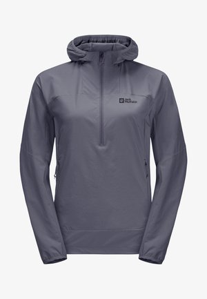 Szara kurtka z pół zamkiem i kapturem, wykonana z lekkiego materiału. Posiada frontalny zamek, elastyczne mankiety oraz boczne kieszenie. Wyeksponowane logo marki.