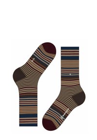 Calze a righe di colori marrone, bordeaux e blu, che mostrano diverse larghezze delle righe. Una calza è esposta ad un angolo, rivelando il suo design.