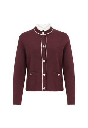 Cardigan bordeaux in lana con colletto rotondo, rifiniture bianche e bottoni argentati. Dotato di due tasche frontali.