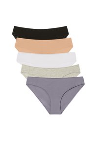 Cinque paia di biancheria intima donna in diversi colori: nero, nudo, bianco, grigio chiaro e lavanda. Realizzati in tessuto morbido, con bordi lisci.