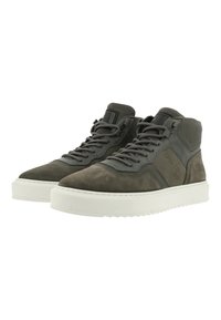 Gray suede high-top sneakers with a textured mesh collar and white rubber sole. Features laces and a logo on the side.