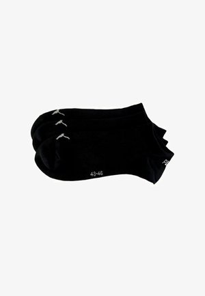 Schwarze Socken aus einem weichen Material verfügen über eine verstärkte Zehen- und Fersenpartie, ein Logo an der Seite und eine Größenangabe (43-46) auf der Zehenpartie.