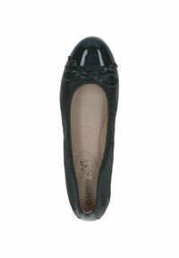 Ballerine nere con punta lucida nera, delicato fiocco sulla parte anteriore e superficie liscia simile alla pelle. All'interno hanno un rivestimento beige.