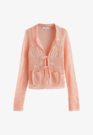 Light pink crochet knit cardigan with floral patterns, long sleeves, two front pockets, and tied closures at the front.