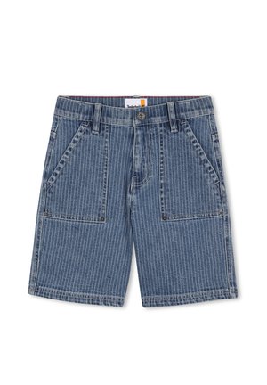 Jeansshorts mit blau gestreiftem Muster, vorderen Taschen, Knopfverschluss und kontrastierenden Nähten. Strapazierfähiges Material und lässiges Design.