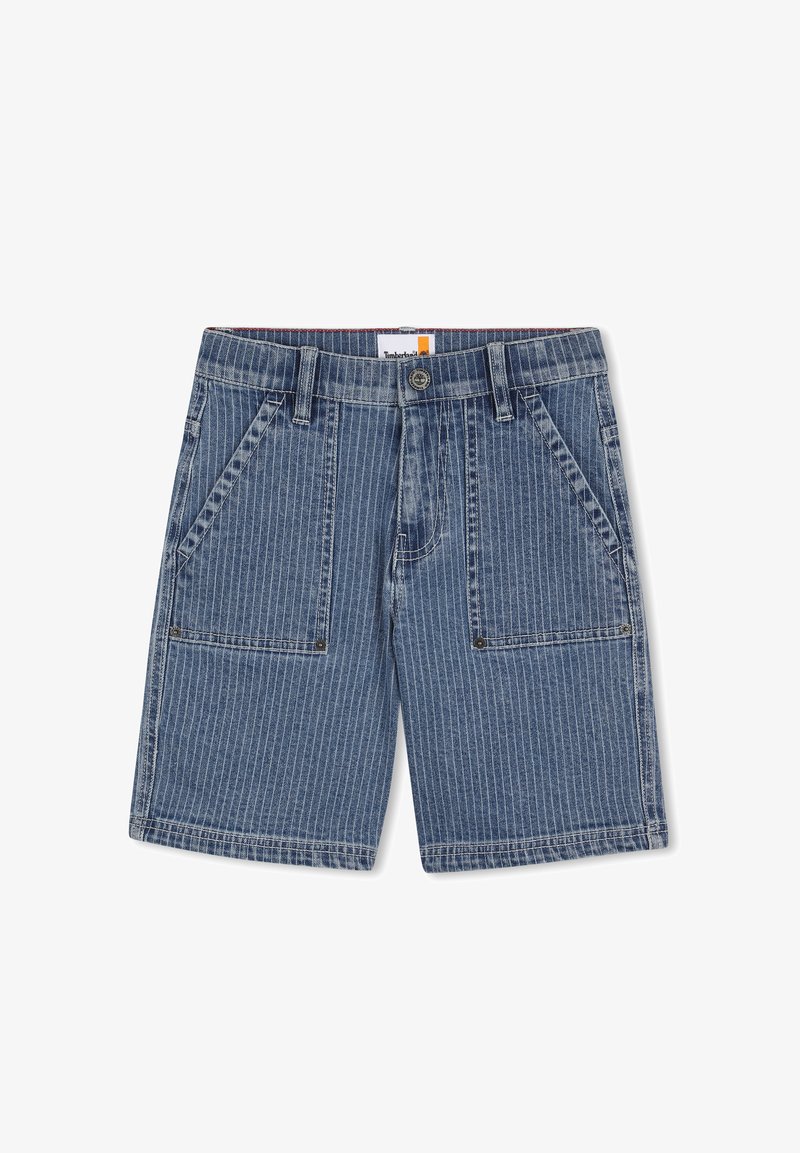 Short en jean à motif rayé bleu, avec poches avant, fermeture par bouton, et surpiqûres contrastées. Matériau durable et design décontracté.