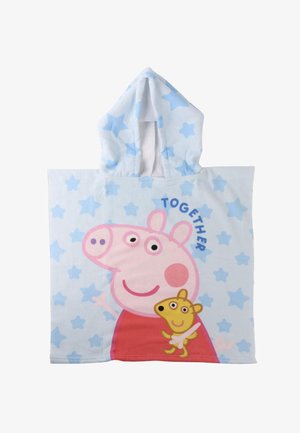 Accappatoio blu con cappuccio per bambini con stelle azzurre, raffigurante un maialino rosa cartone animato che tiene un piccolo animale giallo e la parola "INSIEME".