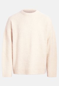 Helle Cremefarbene Strickjacke aus strukturiertem Stoff. Verfügt über einen runden Halsausschnitt, lange Ärmel und eine lockere Passform mit gerippten Bündchen und Saum.