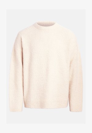 Sweater crème clair en tissu texturé. Présente un col rond, des manches longues et une coupe décontractée avec des poignets et un ourlet côtelés.
