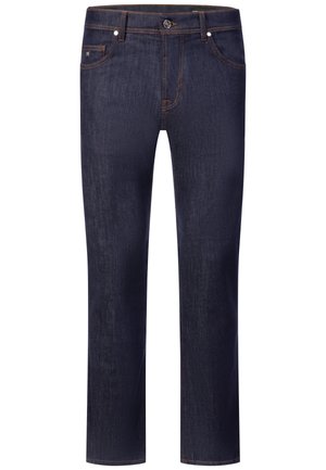 Dunkelblaue Straight-Leg-Denim-Jeans mit Vordertaschen, Gürtelschlaufen, Knopfverschluss und sichtbaren braunen Nähten.
