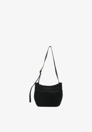 Sac à bandoulière en cuir noir avec sangle réglable et boucle dorée, design simple avec finition légèrement texturée.