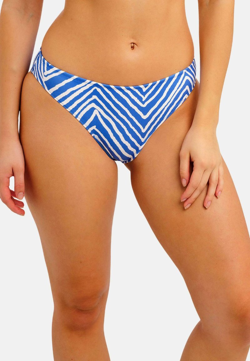 Blauw-witte gestreepte bikinibroekje met een geometrisch patroon, voorzien van een lage taille en een gladde, rekbare stoftextuur.