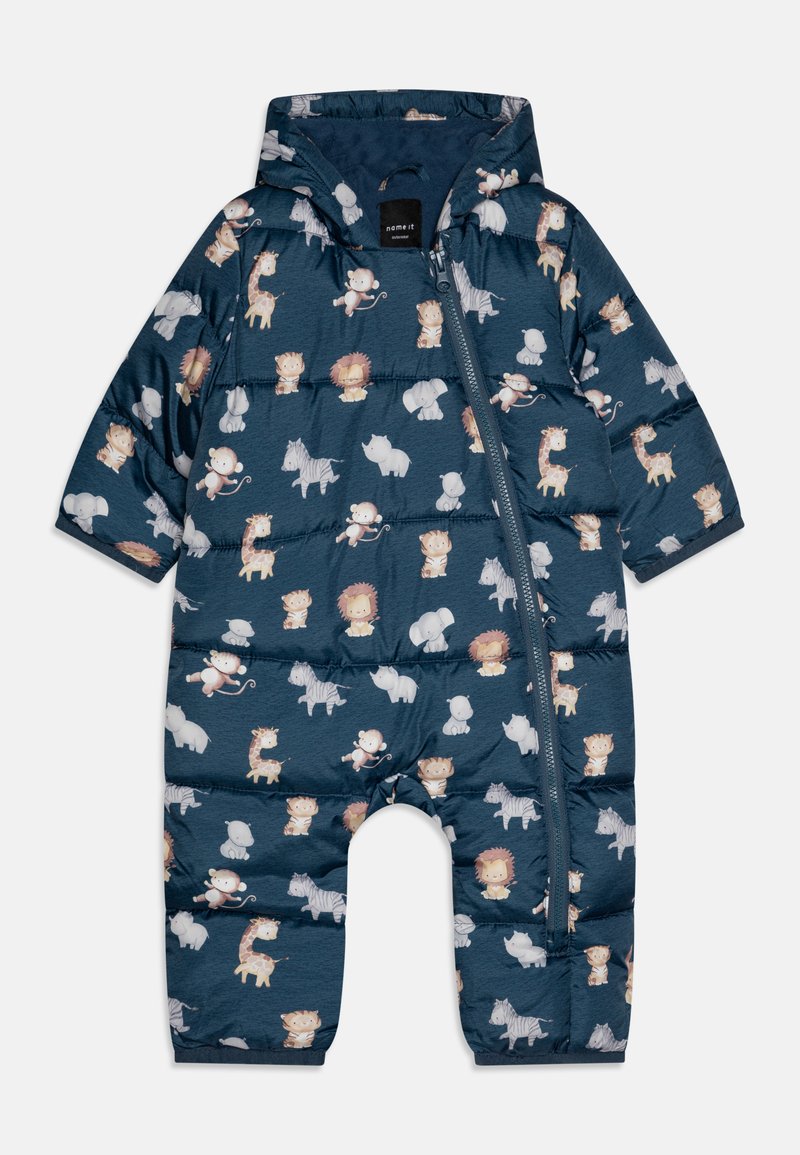 Ενιαίος καλυμμένος μπουφάν σε ναυτικό μπλε με σχέδιο ζώων, διαθέτοντας φερμουάρ και κουκούλα. Κατασκευασμένο από μαλακό, ελαφρύ υλικό.
