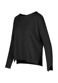 Maglione nero a maniche lunghe con scollo ampio, polsi a costine e spacchi laterali. Il tessuto appare morbido e leggero. Design semplice e privo di decorazioni.