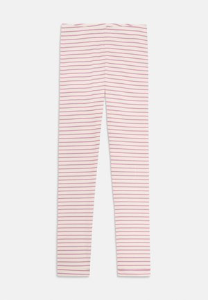 Leggings aus dehnbarem Material mit pink-weißen horizontalen Streifen. Sie verfügen über eine figurbetonte Silhouette und einen glatten, elastischen Bund.