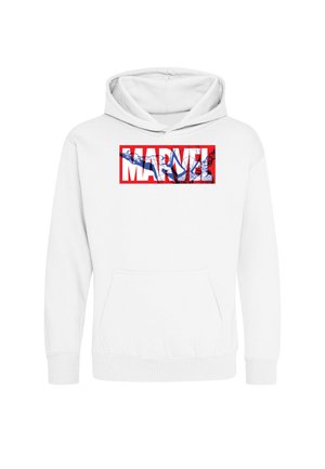 Hvid hættetrøje med en Marvel-logo med rød kant, der har et Spider-Man netdesign over brystet og en front kængurulomme.
