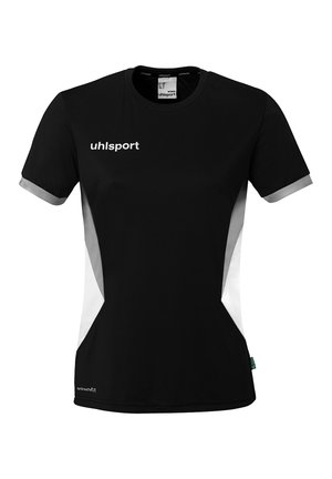 Sort kortærmet sportstrøje med hvide sidepaneler, grå ærmekanter og "uhlsport"-logo på brystet, designet til kvinder.