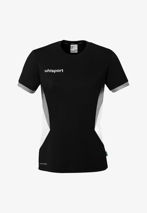 T-shirt de sport noir à manches courtes avec panneaux latéraux blancs, poignets de manches gris, et logo "uhlsport" sur la poitrine, conçu pour les femmes.