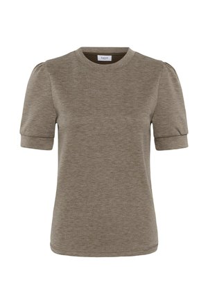 Camiseta de manga corta color verde olivo con escote redondo y mangas abullonadas. Fabricada en un tejido suave y texturizado con un acabado liso.