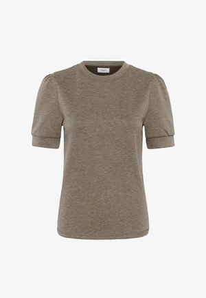 Camiseta de manga corta color verde olivo con escote redondo y mangas abullonadas. Fabricada en un tejido suave y texturizado con un acabado liso.